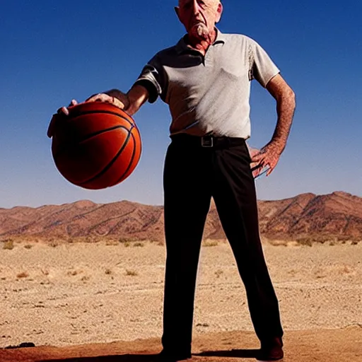 Image similar to mike ehrmantraut from breaking bad playing basketball at a desert, professional photography, cinematic, hd