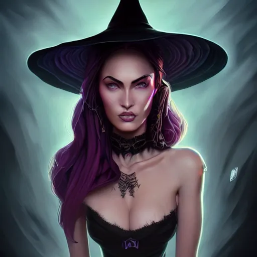 Image similar to an insanely detailed portrait of a beautiful witch that looks like megan fox with long dark purple hair, wearing black witch hat, in the style of peter mohrbacher, artgerm, dramatic lighting and composition, octane render, trending on artstation, concept art 8 k