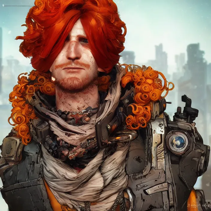 Prompt: cyberpunk portrait of curly orange hair man from borderlands 3, au naturel, hyper detailed, digital art, trending in artstation, cinematic lighting, studio quality, smooth render, unreal engine 5 rendered, octane rendered, art style by klimt and nixeu and ian sprigger and wlop and krenz cushart.