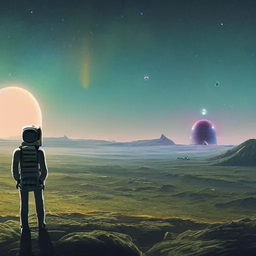 Image similar to a lonely astronaut overlooking at an amazing alien landscape and the universe, digital art, breathtaking, golden ratio, extremely detailed, establishing shot, hyperrealistic, cinematic lighting, particles, unreal engine, simon stålenhag, rendered by Beeple, Makoto Shinkai, syd meade, simon stålenhag, Ruan Jia, Kentaro Miura, environment concept, artstation, octane render, 4K UHD image