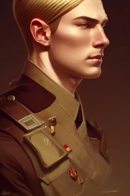 Prompt: a portrait of commander erwin smith, fantasy, sharp focus, intricate, elegant, digital painting, artstation, matte, highly detailed, concept art, illustration, ambient lighting, art by ilya kuvshinov, artgerm, alphonse mucha, and greg rutkowski