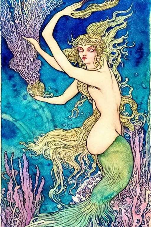 Image similar to alchemical mermaid underwater, fantasy art, art by hans zatzka and walter crane and kay nielsen, watercolor illustration,