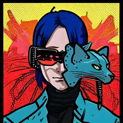 Image similar to cyberpunk cat cyborg portrait illustration, pop art, splash painting, art by geof darrow, ashley wood, alphonse mucha, makoto shinkai