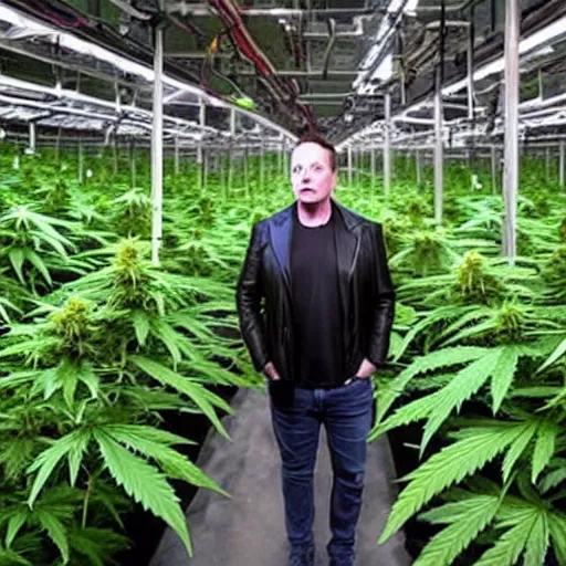 Prompt: Elon Musk Standing inside a huge cannabis farm