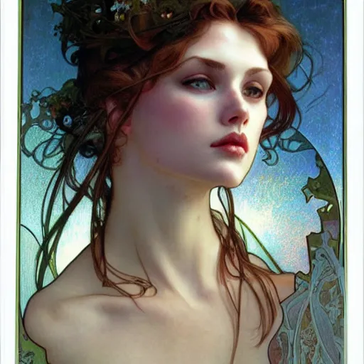 Prompt: realistic detailed face portrait of 90s model Rachel Williams by Alphonse Mucha, Ayami Kojima, Amano, Charlie Bowater, Karol Bak, Greg Hildebrandt, Jean Delville, and Mark Brooks, Art Nouveau, Neo-Gothic, gothic, rich deep moody colors