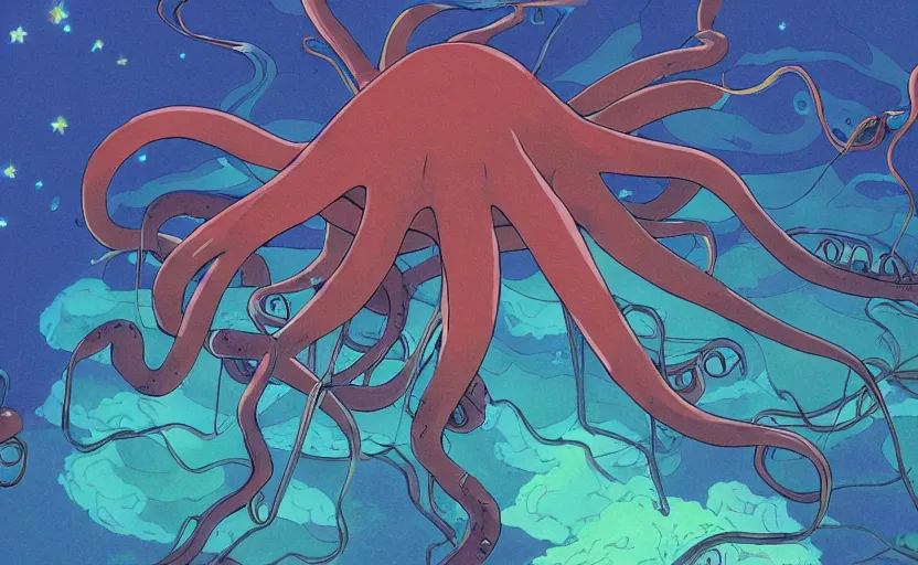 Image similar to a realistic cell - shaded studio ghibli concept art from paprika ( 2 0 0 6 ) of a flying multi - colored octopus from close encounters of the third kind ( 1 9 7 7 ) swimming through a dimensional portal to another world in a flooded forest valley on a misty starry night. very dull colors, wide shot, hd, 4 k, hq