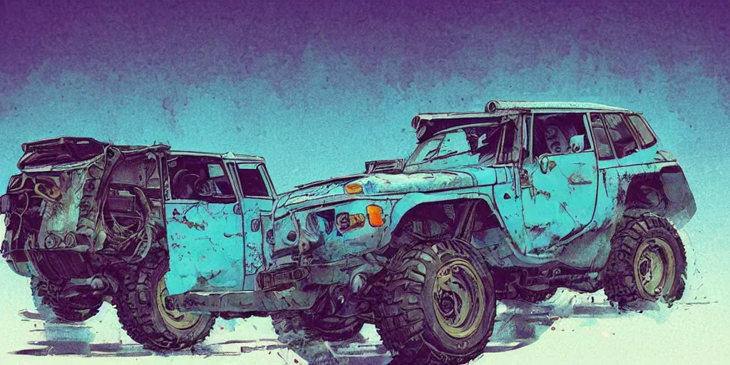 Image similar to digital illustration of a futuristic faded cyan mad max's fj 4 0 decrepit!!!! pursuit special, rusty!!! cyberpunk nissan fj cruiser heavily modded 1 9 9 0 s, the last v 8 interceptor by makoto shinkai, ilya kuvshinov, lois van baarle, rossdraws, basquiat