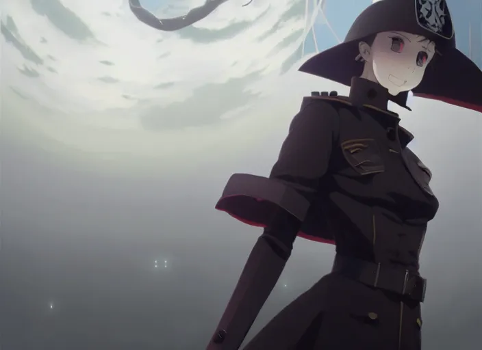 Prompt: portrait of inquisitor maria, helm of second world war warship in background, fog landscape, illustration concept art anime key visual trending pixiv fanbox by wlop and greg rutkowski and makoto shinkai and studio ghibli and kyoto animation, dark fantasy, symmetrical facial features, astral witch clothes, dieselpunk, gapmoe yandere grimdark, backlit