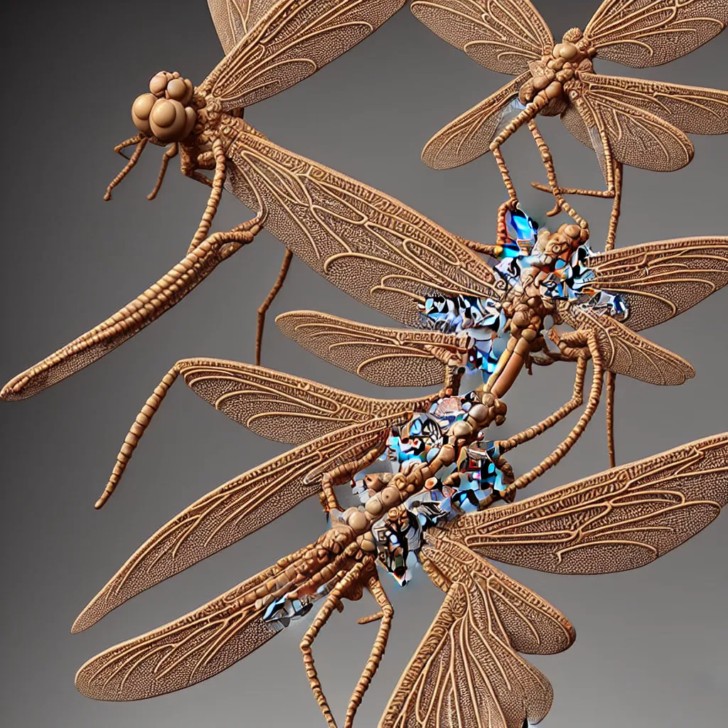 Image similar to A single Close up photo-real delicate ceramic porcelain sculpture of an ornate Symmetrical dragonfly detailed in front of an intricate background by Victo Ngai and takato yamamoto, micro detail, backlit lighting, face in focus, subsurface scattering, translucent, thin porcelain, octane renderer, colorful, physically based rendering, japanese pottery, trending on cgsociety