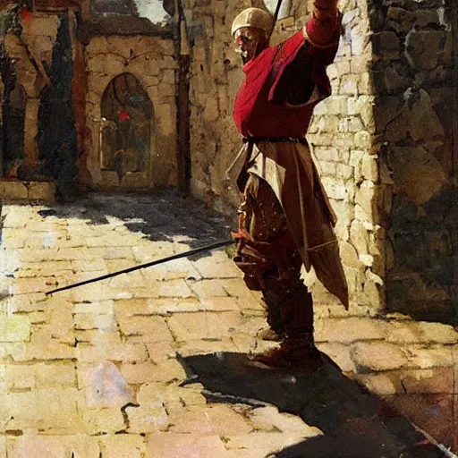 Prompt: man in medieval clothes aiming a bow by craig mullins, greg manchess, bernie fuchs, walter everett, lost edges