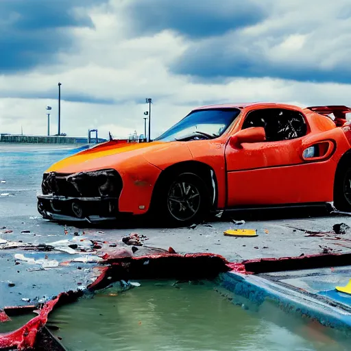 Image similar to professional high quality wide - angle image of a colorful sports car from the year 2 0 7 7 that is badly damaged and crashed halfway into the water at a stevedoring port. ( 2 0 7 7 kodachrome panavision ). the weather is sunny but with a small rain cloud. imax 7 0 mm, wide - angle.