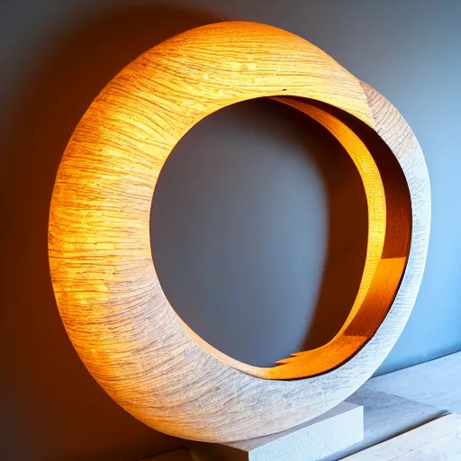 Prompt: circle shaped sculpture, curves, wood, colored lights, portal