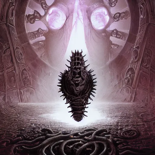 Image similar to hyperreal demonic lovecraftian hellraiser biomechanical cenobite, black void, eclipse by wayne barlowe, alan lee, giger, brian froud, lisa frank, luis royo, beksinksi, and alex grey, rendered in octane and unreal engine 5, trending on cgsociety, in the style of doom, warhammer 4 0 k, dead space, halo