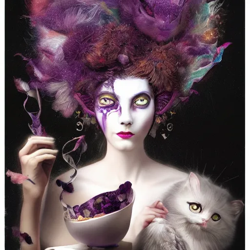 Image similar to actionism, soft painting curiosities carnival, beautiful cat head hybrid in full long dress, accurate features, focus, very intricate ultrafine details, black white purple volumetric clouds, award winning masterpiece, octane render 8 k hd, tom bagshaw artstyle