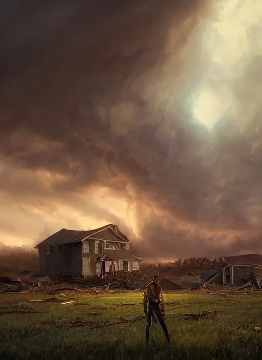 Prompt: portrait, massive Tornado destroying farm house, dramatic lighting, cinematic, establishing shot, extremly high detail, photo realistic, cinematic lighting, post processed, concept art, artstation, matte painting, style by eddie mendoza, raphael lacoste, alex ross