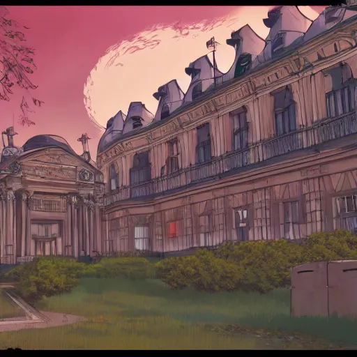 Image similar to Jussieu campus (Sorbonne Université) in the style of studio ghibli, beautiful landscape, intense lighting, 8k, trending on artstation