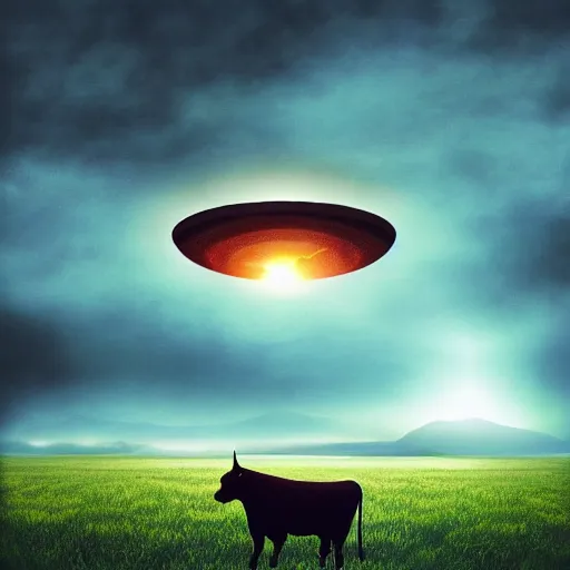 Image similar to digital art painting of a UFO abducting a cow in an empty field, mysterious, sci fi, alien, extraterrestrial, trending on artstation cgsociety,