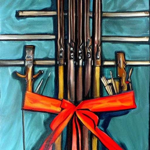 Prompt: painting of a bow on a weapons rack