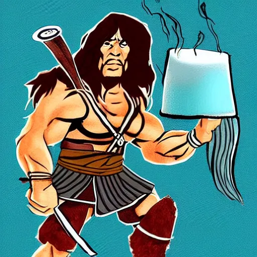 Prompt: conan the barbarian working as a barista in the style of conan the barbarian by frank frazzetta