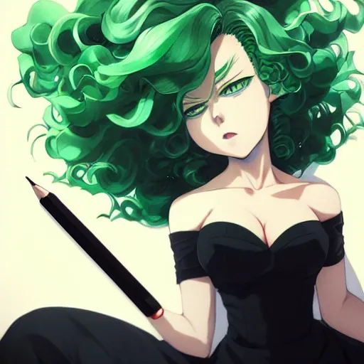 Image similar to tatsumaki from one punch man, green wavy hair, black dress, fine details, sharp focus, intricate, realistic shaded perfect face, by cushart krenz makoto shinkai artgerm ilya kuvshinov rossdraws