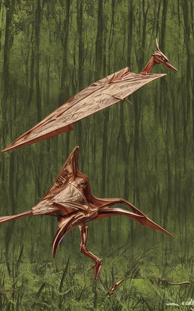 Prompt: metallic iron pterodactyl living in a swamp, photorealistic, photography, trail cam