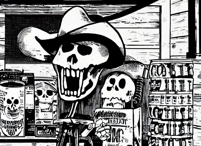 Prompt: an enraged angry skeleton in a cowboy costume shouting into a microphone in a garage filled with radio equipment and piles of beer cans