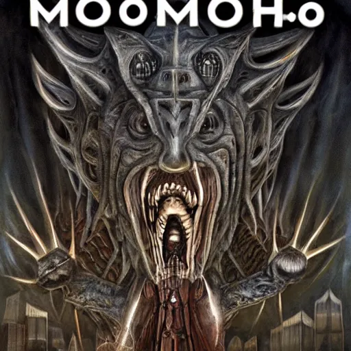 Image similar to Moloch, whose mind is pure machinery, eerie, sinister, horror, illustrated by Anne Stokes and H R Giger and Adrian Borda, super detailed, 4k, 8k