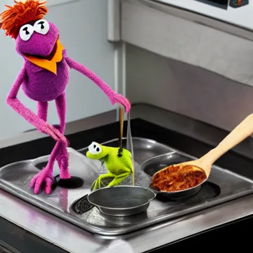 Image similar to a muppet inside a metal pot on a stove, next to an italian chef cooking