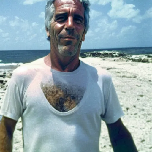 Image similar to photo of jeffrey epstein on epstein island, 1 9 8 0 s, wide angle,