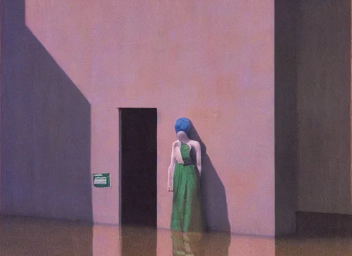 Image similar to woman in a translucent clothing made from green plastic bag with paper bags for clothes standing inside paper bags with paper bag over the head at store display on flooded night street Edward Hopper and James Gilleard, Zdzislaw Beksinski, highly detailed