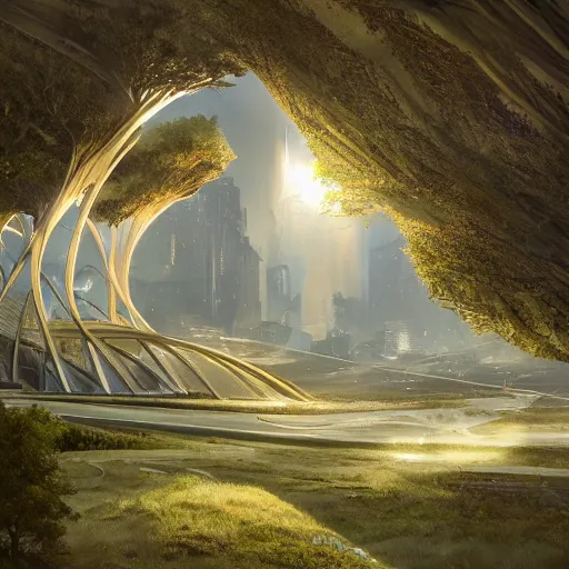 Prompt: futuristic branching and bifurcating and vaulted structure stretching out across the countryside, beautiful dynamic lighting, cinematic, wide angle establishing shot, extremely high detail, photo realistic, cinematic lighting, post processed, concept art, artstation, matte painting, style by eddie mendoza, raphael lacoste, alex ross, volumetric lighting, light rays, photorealistic, ultrarealistic, moody, coronarender, 8k
