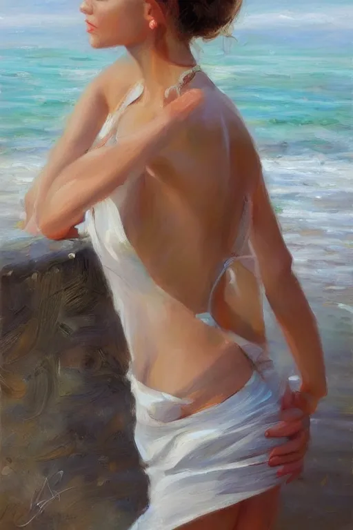 Image similar to portrait of a beautiful woman by the beach, morning, highly detailed, ultrarealistic oil painting, vladimir volegov, artstation