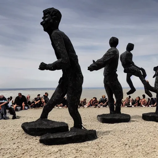 Image similar to This sculpture depicts a scene from the Spanish Civil War, which was a time of great turmoil and strife in Spain. The sculpture shows a group of people on a beach, with the ocean in the background. The people in the sculpture are all different sizes and shapes, and they are all looking in different directions. The sculpture is full of color and movement, and it is very expressive. The sculpture is also very powerful and emotional, and it has a very strong impact on the viewer. illuminated codex gilded by Victor Adame Minguez, by Robert Vonnoh elaborate, offhand