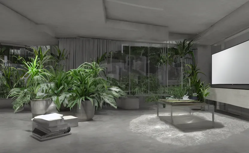 Image similar to empty room brutalist interior, big tv screen in the middle, tropical indoor plants, open shiny floor, v - ray render, high contras