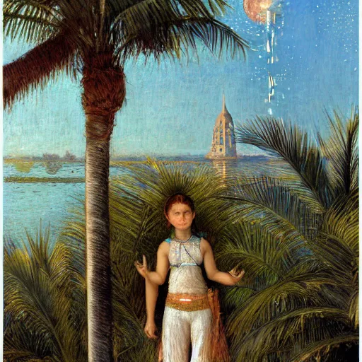 Image similar to a ultradetailed beautiful bitmap of the moon girl on the amazonas palace by jules bastien - lepage, hans belmer, frank weston and gustave baumann, trending on artstation, mediterranean, palm trees, light sparkles, sharp focus, soft light, 8 k 4 k