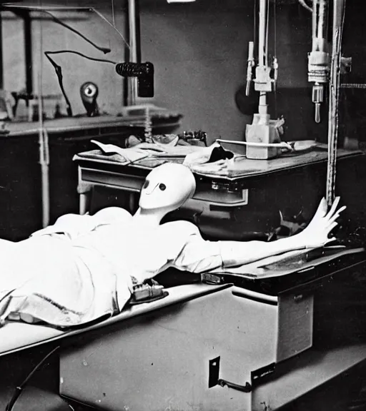 Image similar to Alien lying on an operation table in a lab, photograph from 1890, grainy, high detail, high resolution