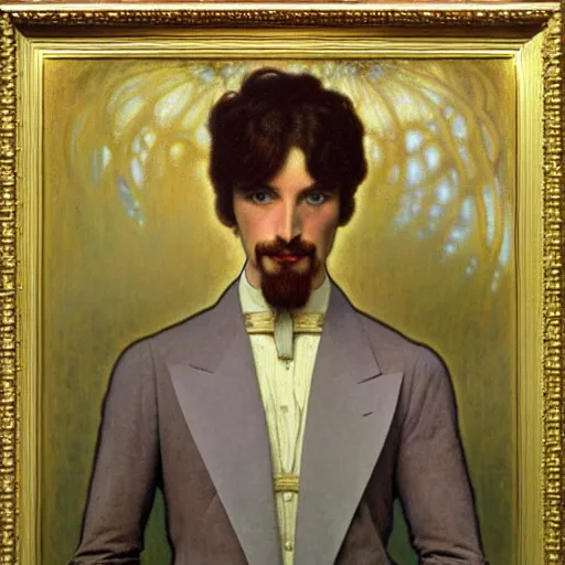 Image similar to realistic extremely detailed portrait painting of. an average. man with his. briefcase .in his. left hand . by Jean Delville, Amano, Yves Tanguy, Alphonse Mucha, Ernst Haeckel, Edward Robert Hughes, Roger Dean, pale muted pastel moody colors, gold eyes