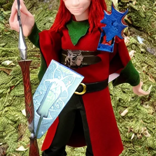 Prompt: a fantasy elf that is a wizard, holding a spell book and a dagger, with red hair, blue eyes, and is tall