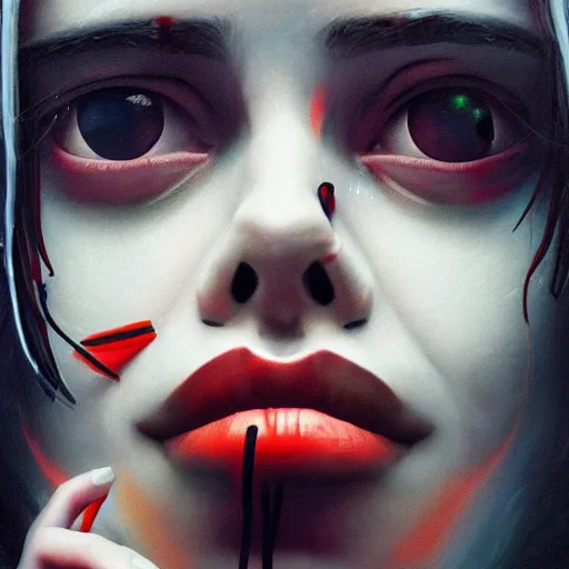 Image similar to Billie Eilish bleeding out of her eyes, cyberpunk, surrounded by smoke, award-winning art, hyperrealistic, by Sam Spratt, by Vlad Rodrig﻿u﻿e﻿z, trending on Artstation, dark, dramatic, cinematic, realistic studio lighting, raytracing, 4k, professional, canon