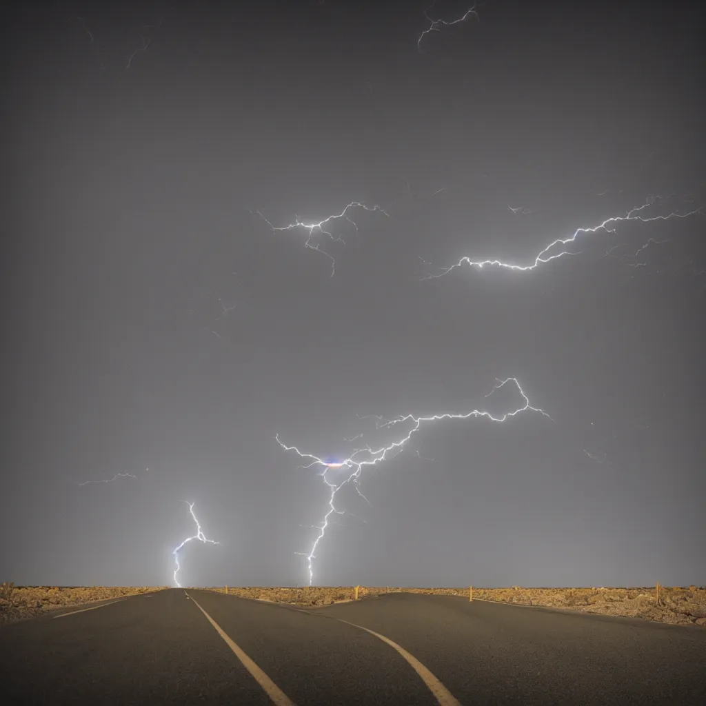 Image similar to road at night desert distant flash of lightning cinematic still