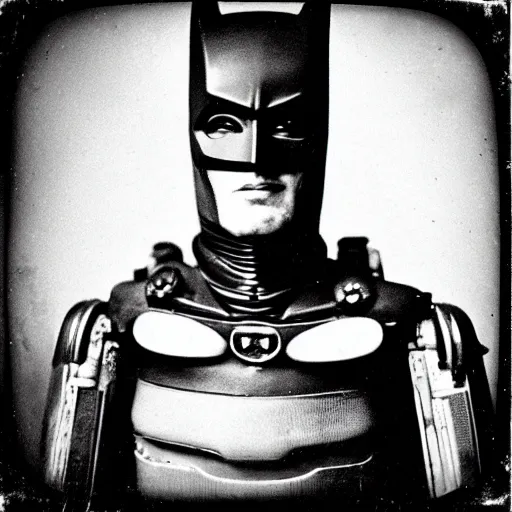 Prompt: “robot Batman.daguerreotype.tintype photo.black and white.antique”
