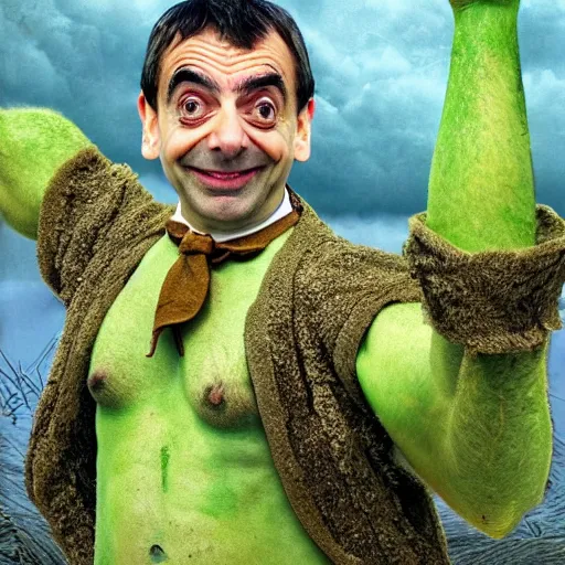 Image similar to very very very very highly detailed, epic, central composition, photo of Mr Bean as Shrek in the swamp, intricate, happy colors, extremely detailed, digital