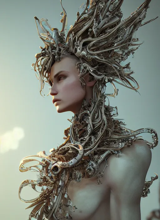 Image similar to beauteous stunning practical sumptuous androgynous biomechanical with incredible hair, crystalline masterpiece incrustations, hyperdetailed face, elegant pose, movie still, intricate accuracy, octane render, cinematic forest lighting, cgsociety, unreal engine, crepuscular rays, god rays