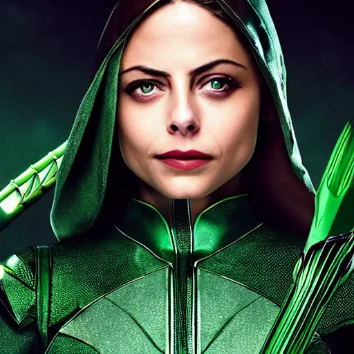 Image similar to film still of willa holland as a female green arrow in the 2 0 1 7 film justice league, focus on facial details, minimal bodycon feminine costume, dramatic cinematic lighting, inspirational tone, suspenseful tone, promotional art