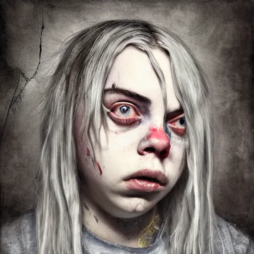 Prompt: grunge painting of billie eilish by michal karcz in the style of chucky