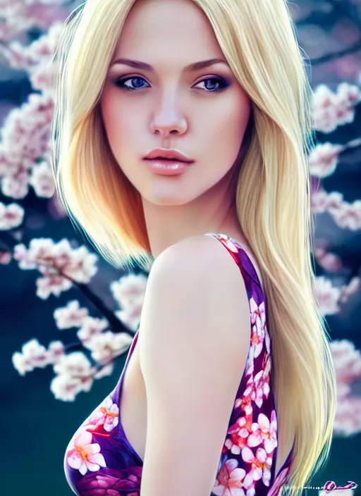 Image similar to photo of a gorgeous blonde female in the style of stefan kostic, realistic, half body shot, sharp focus, 8 k high definition, insanely detailed, intricate, elegant, art by stanley lau and artgerm, extreme blur cherry blossoms background