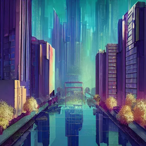 Prompt: 2 0 2 5 floating illuminating art deco square with small pond inside art deco cyberpunk metropolis optimistic colorful sunny clear day parks trees flowers [ parasol street lamps ] clear focus [ [ minimalist brutalist skyscrapers ] ] [ art deco motifs ] cinematic lighting fantasy by ross tran greg rutkowski elegant retro futuristic highly detailed artstation