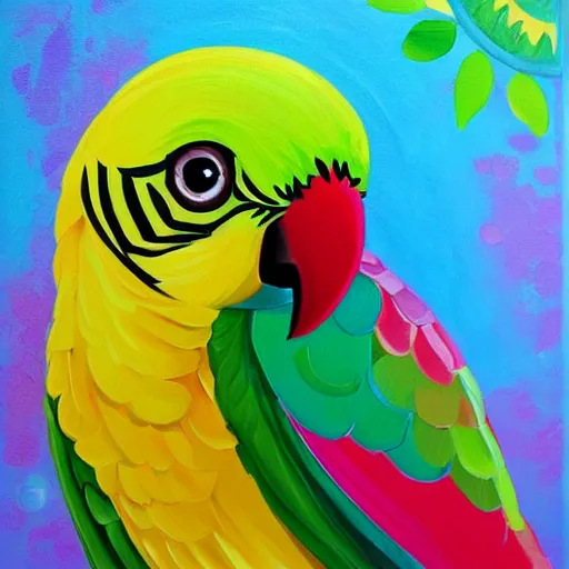 Prompt: beautiful acrylic painting of an adorable parrot, by jeremiah ketner, 8k hq trending on artstation