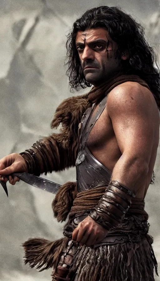 Prompt: oscar isaac as conan the barbarian, portrait, savage, action, high fantasy, concept art, 4 k, style of richard amsel