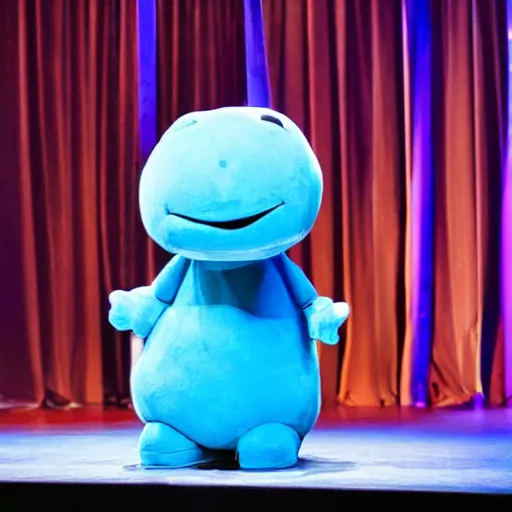 Image similar to a little blue creature in the shape of a sausage lies on a huge microphone on the stage